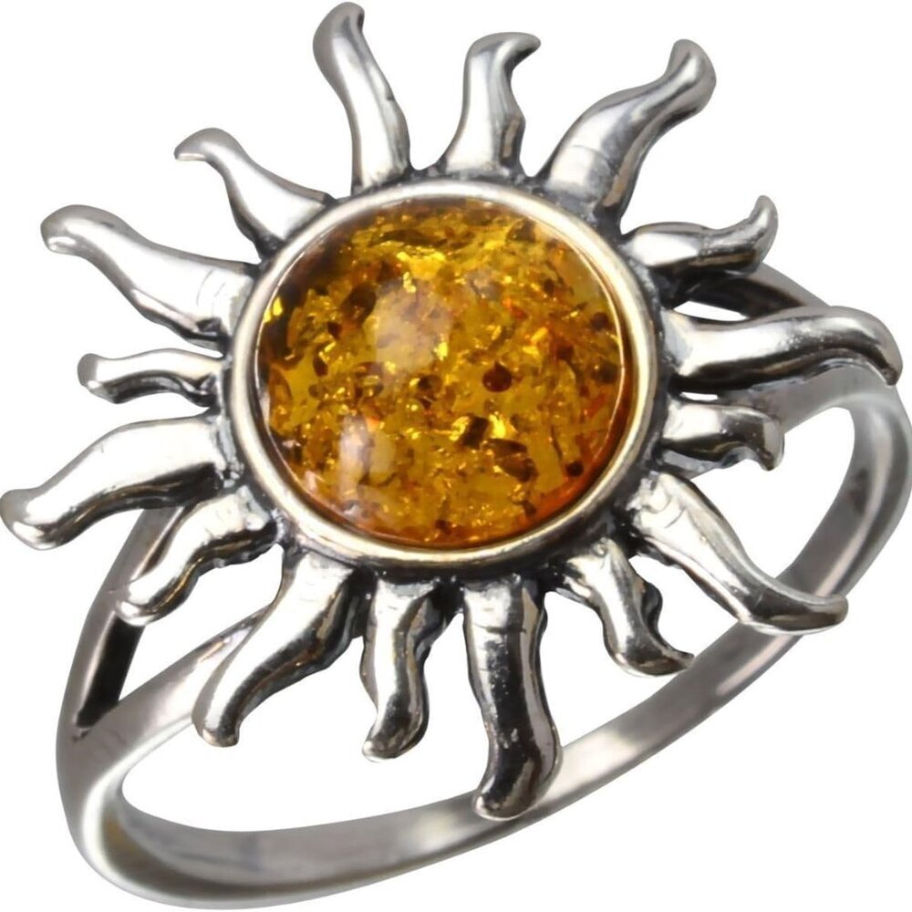 GIA Certified Sterling Silver and Baltic Honey Amber Sun Ring